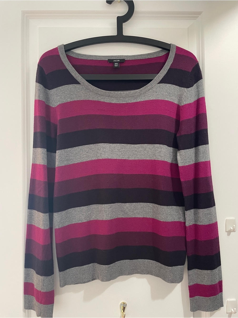 Jacob Striped Crewneck Sweater in Gray, Magenta & Dark Plum